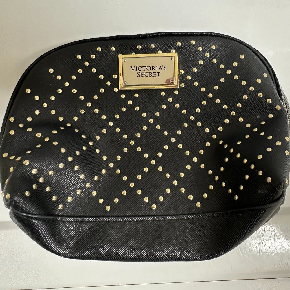 Womens Victoria's Secret Make up Bag Pouch Black & Gold Studded